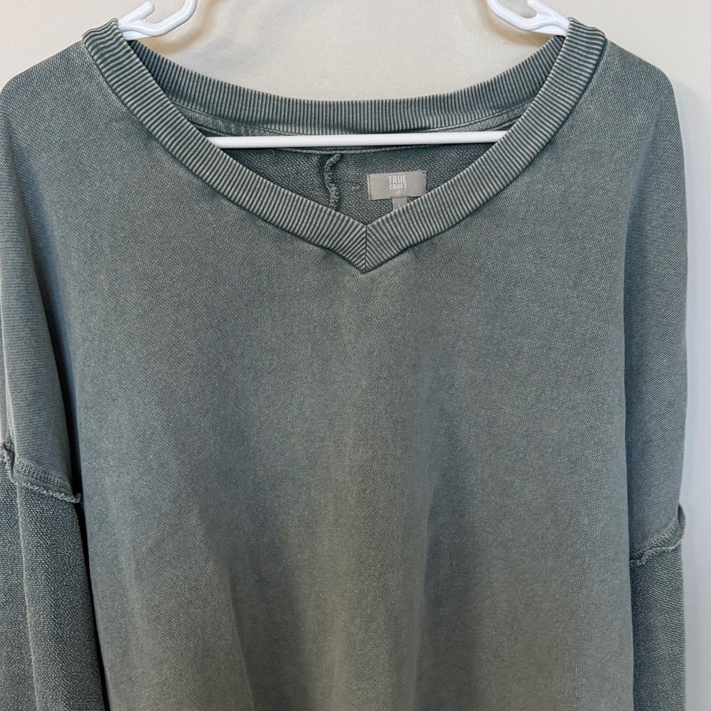 Women's True Craft V-Neck Terry Cloth sleeve Sweatshirt in blue green color